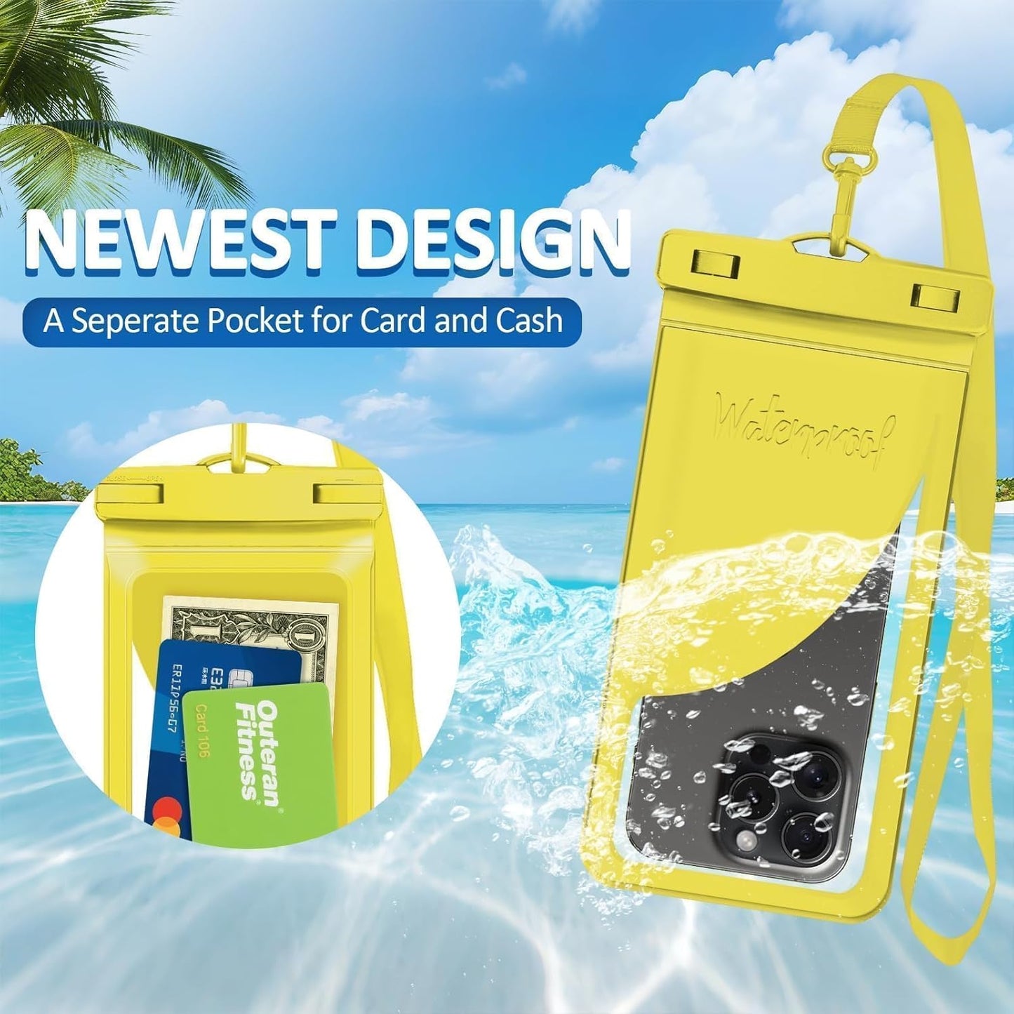 Waterproof Phone Case,with Inside Card Protector, IPX8 Cell Phone Dry Bag Up to 8.3" for iPhone 16 15 14 13 12 Pro Max XS Plus Galaxy S22, Cruise Vacation Essentials, 2 Pack Black &Yellow