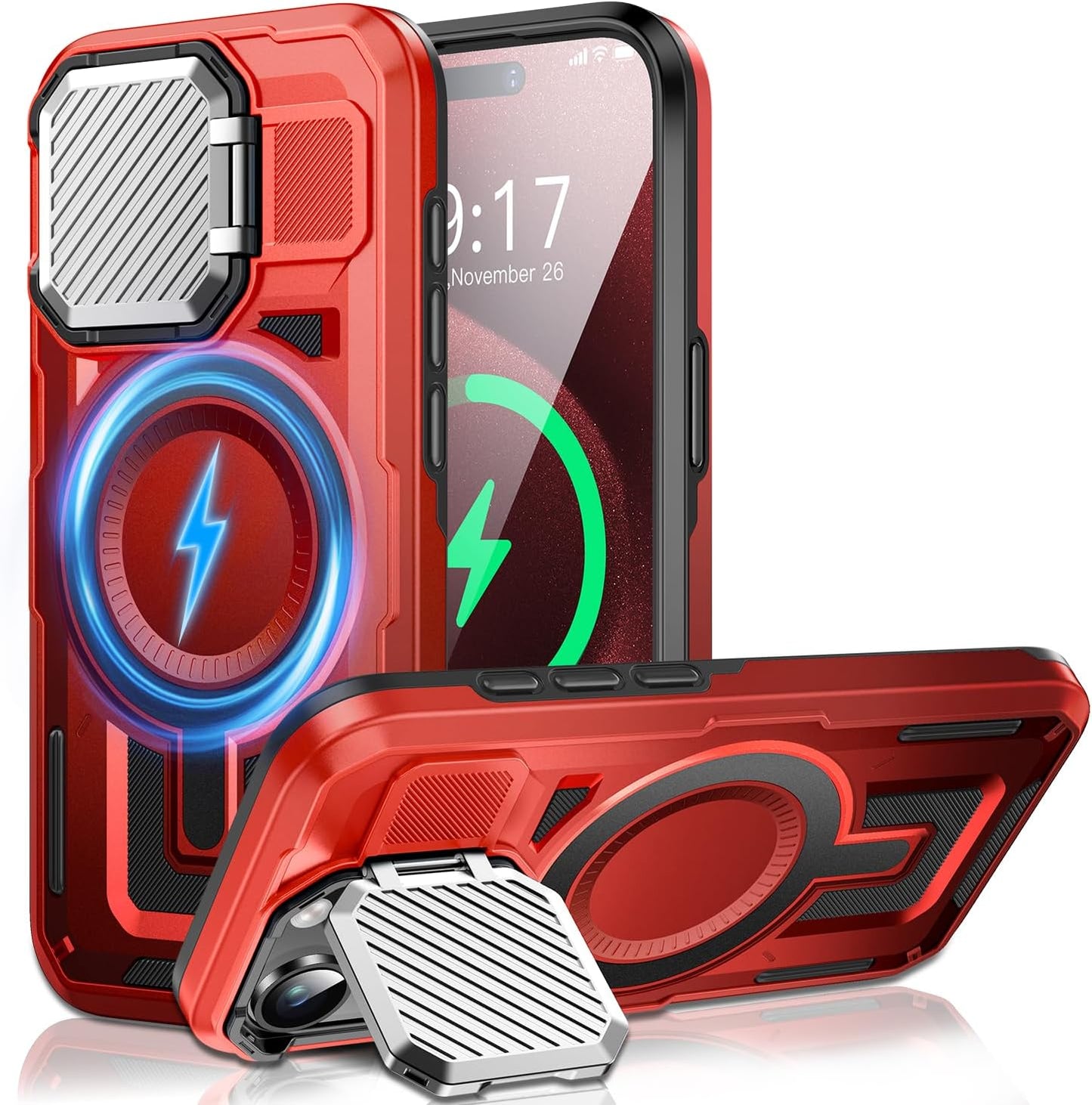 Camera Stand Case for iPhone 15 Pro Max, [Compatible with MagSafe] [Lens Cover] 2024 Version Military Grade Protective Soft Case for iPhone 15 Pro Max 6.7 inch Men Women, Red