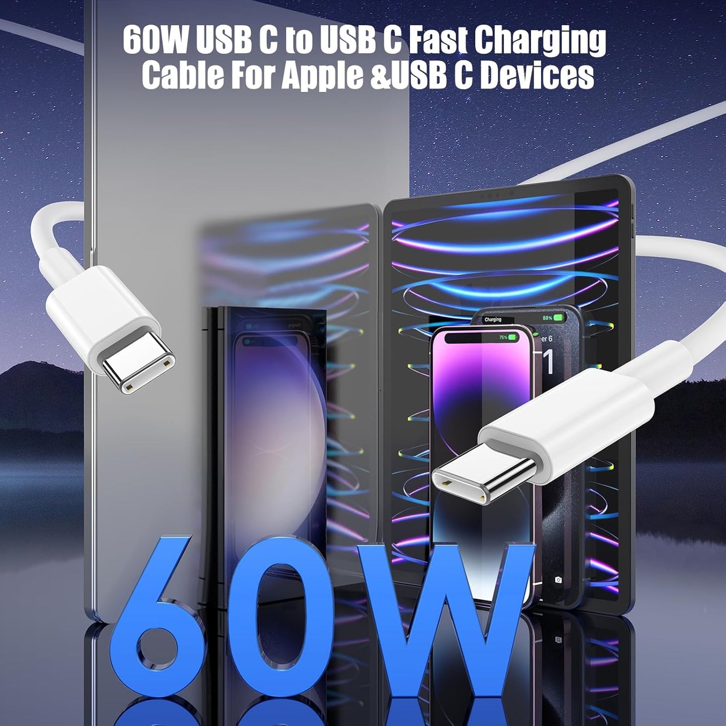 2-Pack 10FT 60W USB C to USB C Cable, Type C to Type C Cable,Fast Charging Cable Compatible with iPhone 15/Plus/15 Pro/Pro Max，Samsung Galaxy S23 S22, iPad Pro, MacBook Air and More