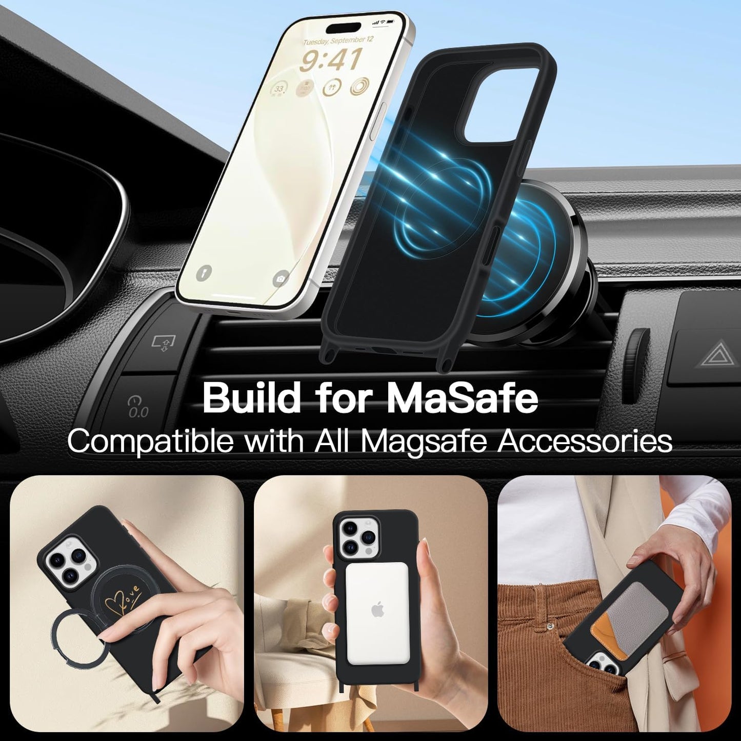 Crossbody Case for iPhone 16 Pro Max with Strap, [Compatible with MagSafe], Cute Love Heart Silicone Phone Case with Neck Lanyard for Girls Women