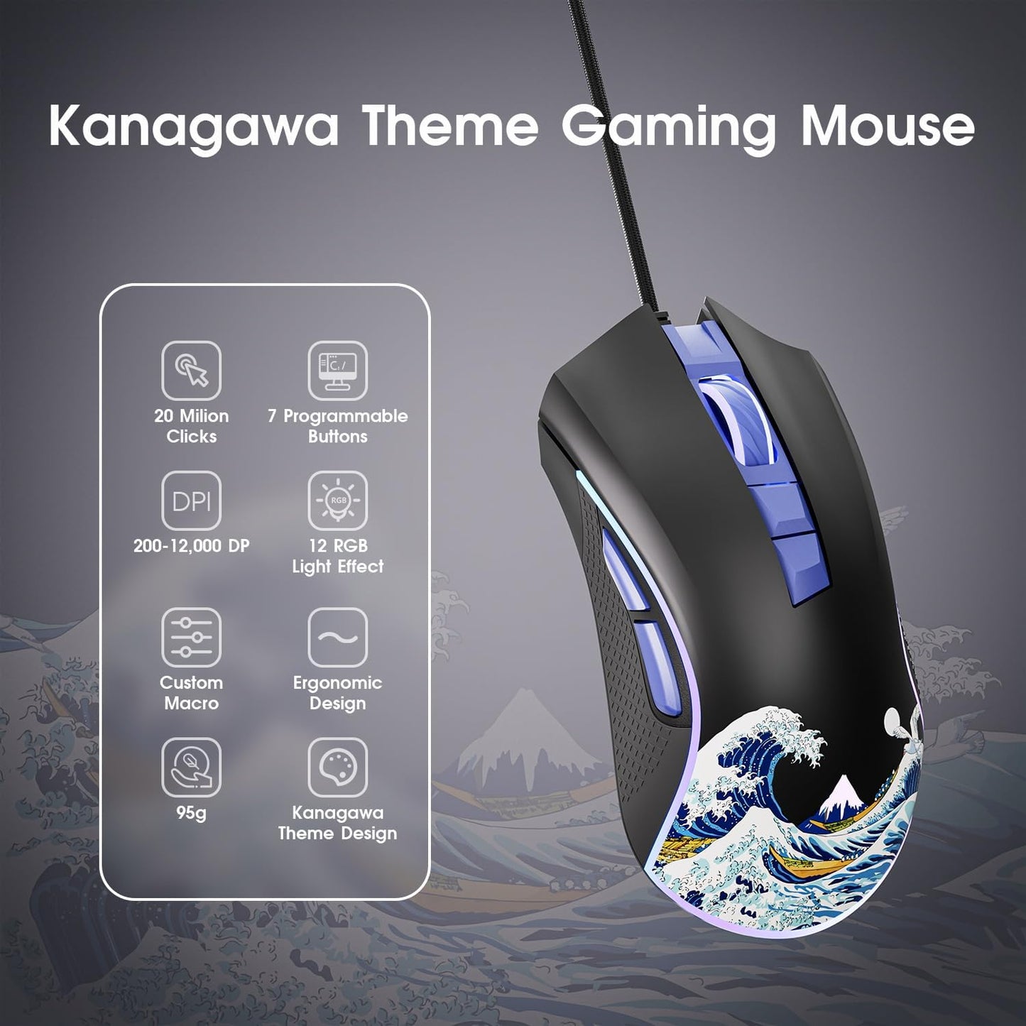 HITIME XVX Wired Gaming Mouse, 12000 DPI RGB Mouse with 12 Backlit Modes & 7 Macro Buttons, PC Gaming Mice Support DIY Keybinding, Gamer Computer Mice for Laptop PC Mac Windows, Kanagawa