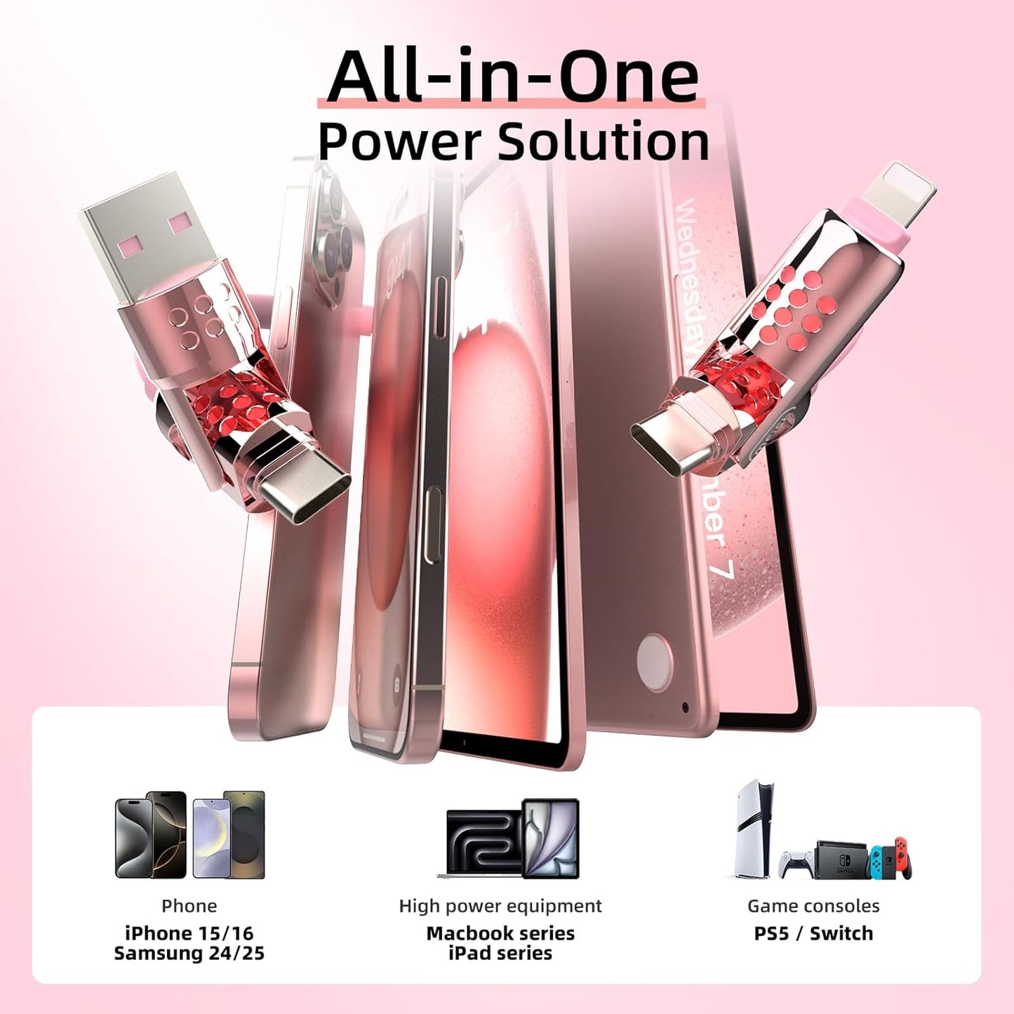 MFish 4-in-1 USB C Charging Cable, 6.6Ft Type C to Type C Cable, 240W Fast Charger for iPhone 16/15/14 Pro Plus Pro Max, for iPad MacBook Pro/Air, Laptops - Multi Charging Cable with USB-A