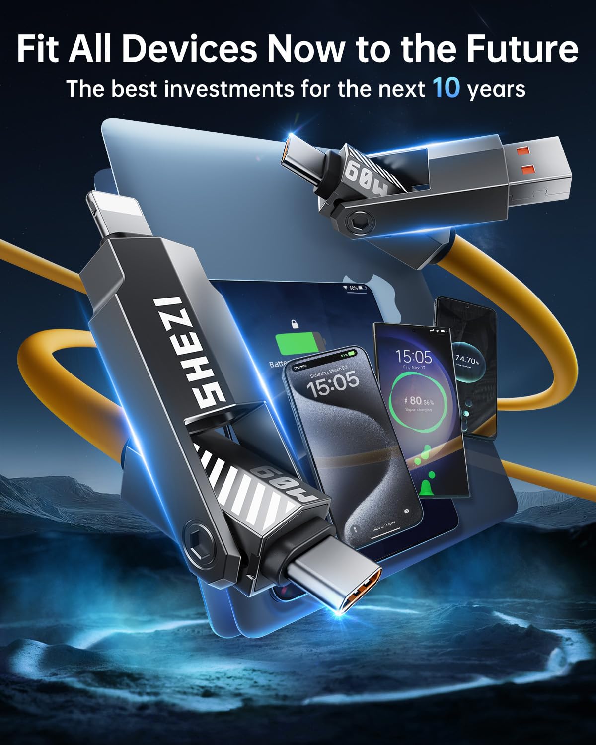 SHEZI Silicone 4 in 1 USB C Cable 60W 5FT Compatible with Lightning Cable, Fast Charging for iPhone/iPad Charger Cord [480Mbps Data Sync],Multi Charging Cable with Type C/USB A, Yellow