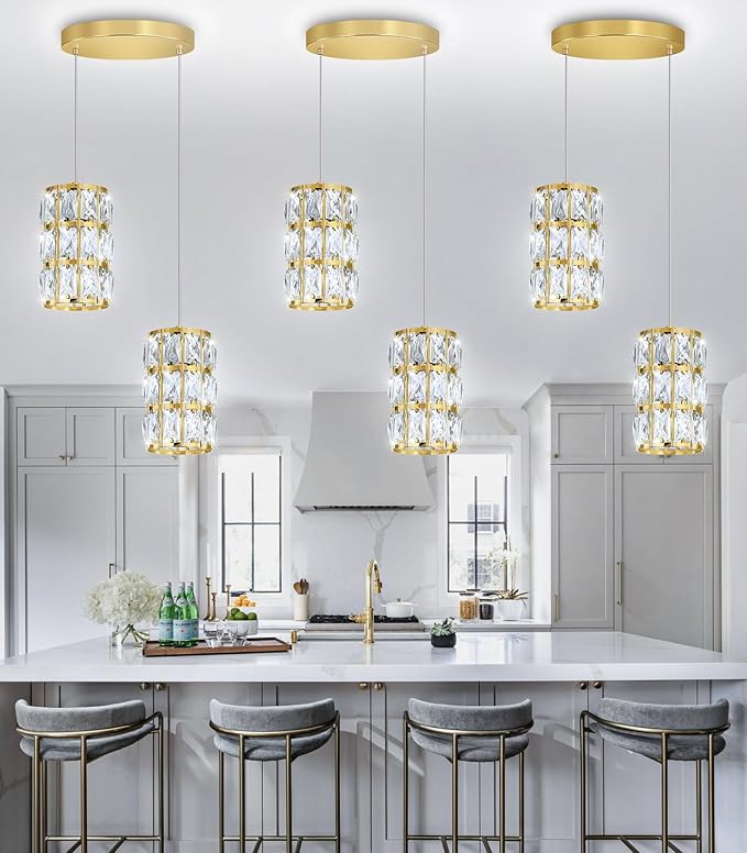 2-Lights Modern Crystal Pendant Lights for Kitchen Island LED Dimmable Glam Pendant Lighting Chandelier for Dining Room Hallway Corner Lamp Gold