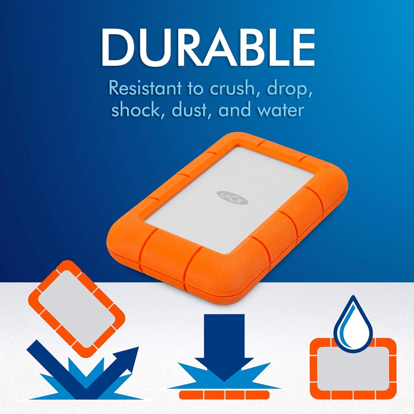 LaCie Rugged 5TB Portable External HDD - USB 3.0/2.0 Compatible, Shock/Dust/Rain Resistant for Mac & PC, Orange, Grey