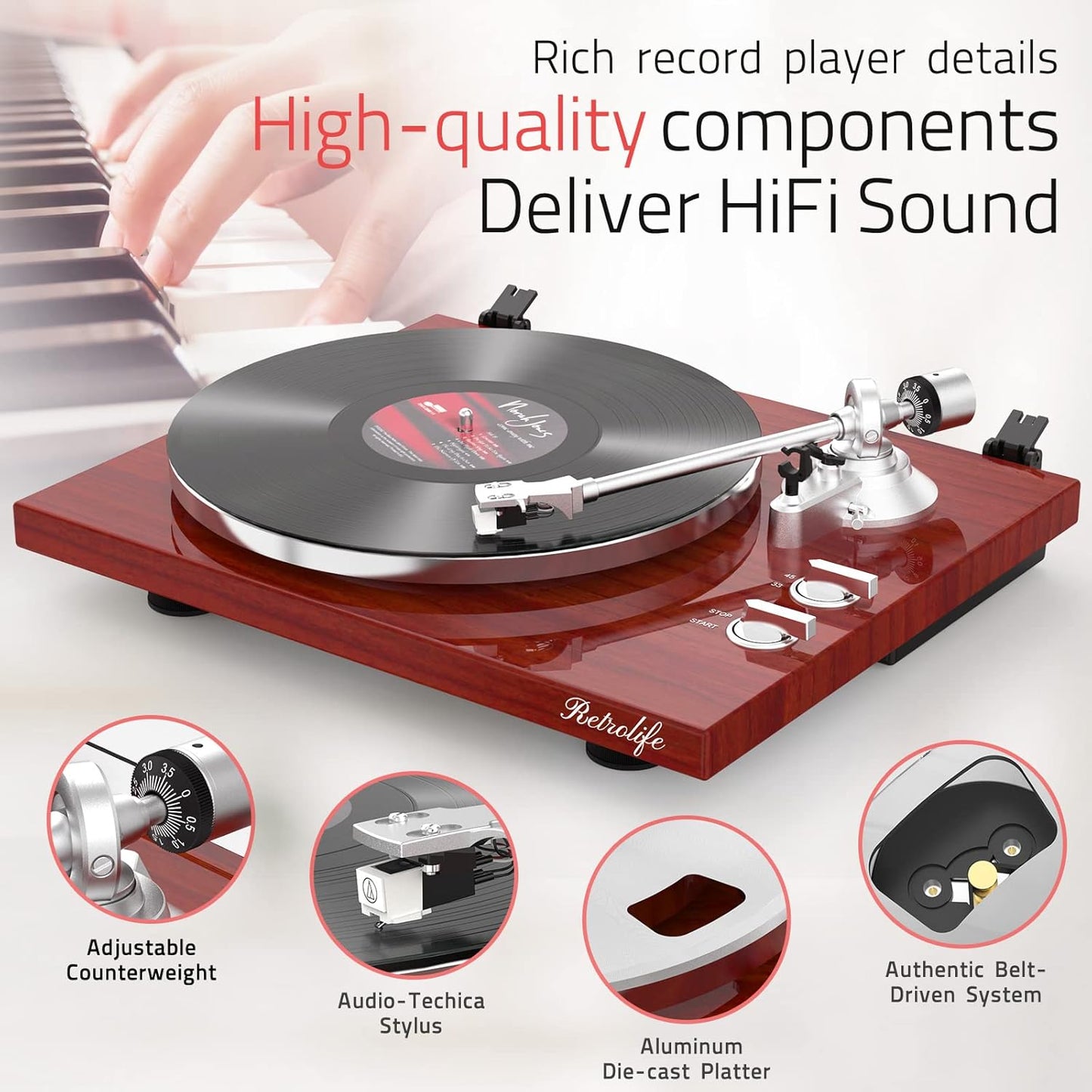 Record Player Turntables for Vinyl Record Belt-Drive Wireless Output Connectivity Phono Line Out USB Digital to PC Recording MM Audio Cartridge Stylus Counterweight Piano Shiny Classic Red