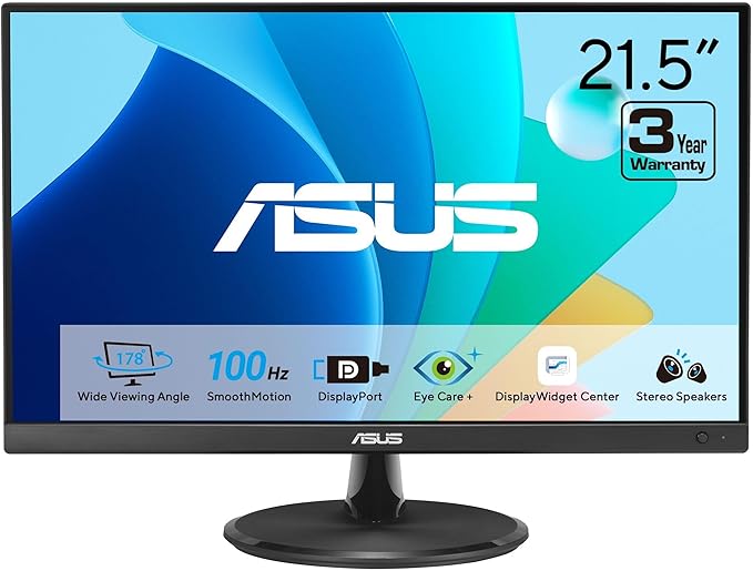 ASUS 22” Eye Care Monitor (VP229QF) – 100Hz, IPS, Full HD, 99% sRGB, Frameless, Adaptive-Sync, DisplayPort, HDMI, Low Blue Light, Flicker Free, Wall Mountable, 3 yr Warranty