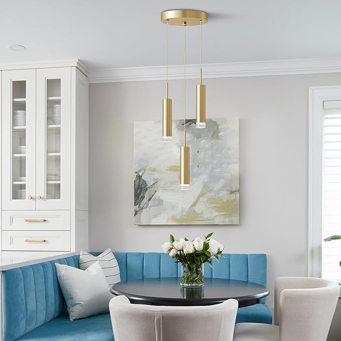 KCO Lighting 3-Light Gold Cylinder Kitchen Island Pendant Light Brushed Brass Metal Long Tube Bar Cluster Pendant Lighting Industrial Farmhouse Adjustable Hanging Ceiling Light Fixture