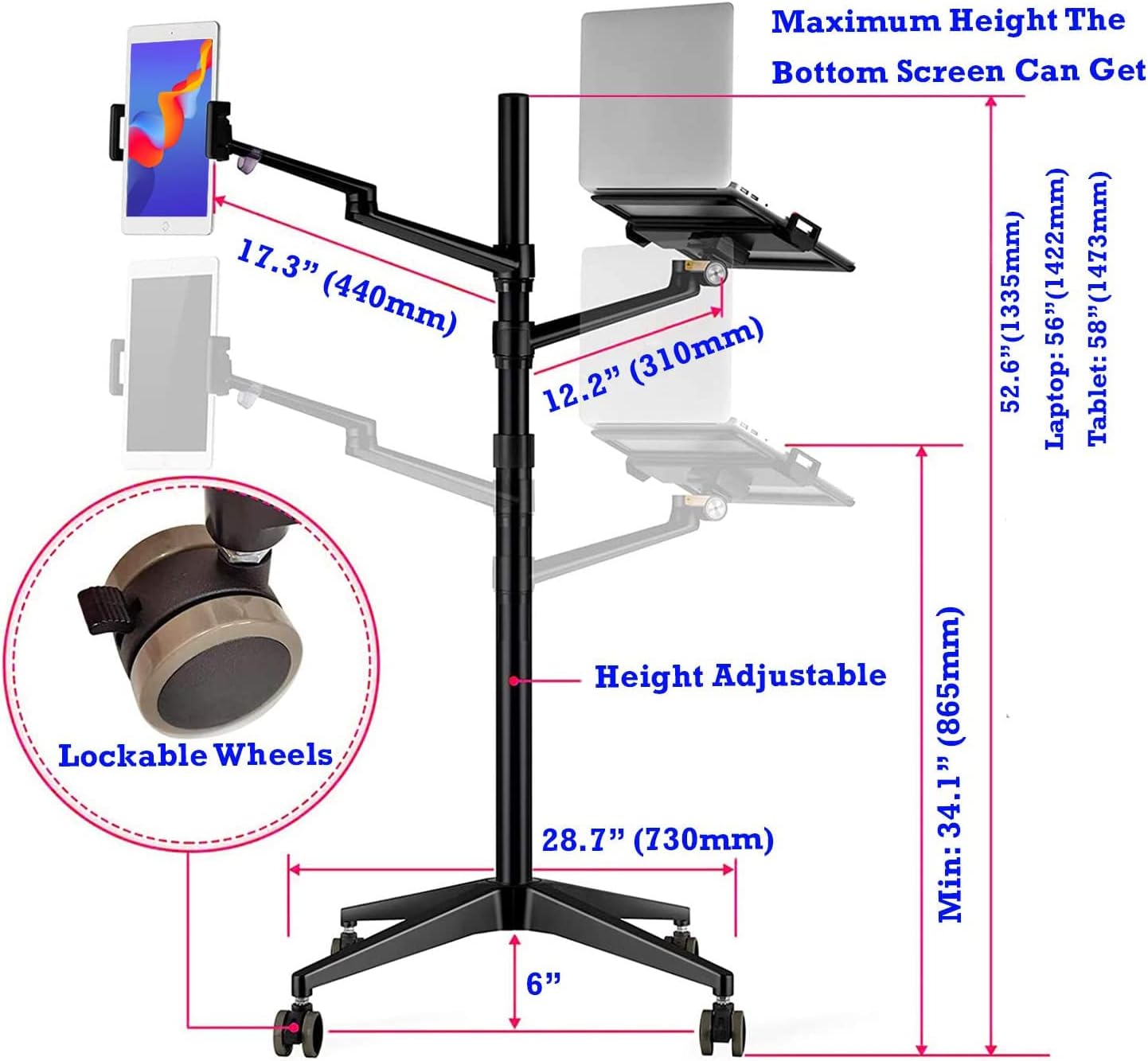 Triple arm Height Adjustable Stand Mount with Rolling Wheel for Laptop(11-17 inch) and Compatible with ipad iPad pro 12.9 inch/Tablet/Ereader (Black)