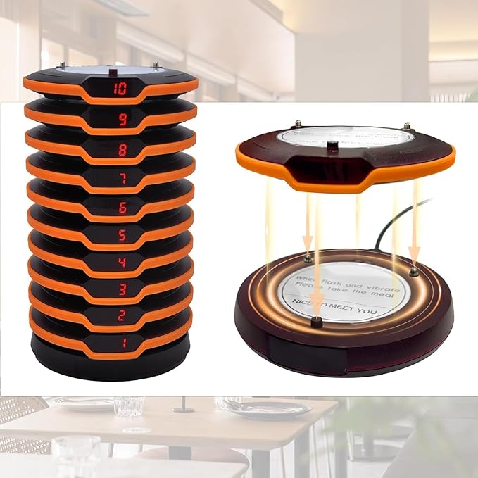 Restaurant Pager System 16 Coaster Pagers and Beepers, Restaurant Beepers Buzzers System with Vibration Flashing Buzzer Queue Wireless Calling System for Food Truck Coffee Shop Church Nursery Bar