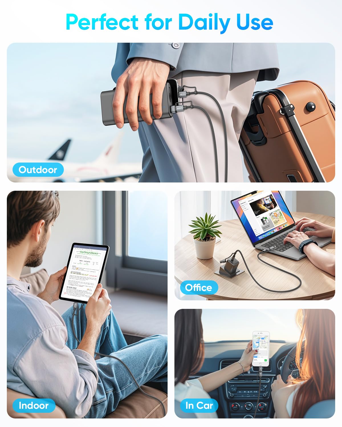 SUNGUY 4 in 1 Charging Cable 2FT [2 Pack], 60W Multi Charging Cable, USB-C/A to Lighting/C Cord for iPhone 16/15/14 Pro/iPad/MacBook/Samsung Galaxy S25/S24/Tablets