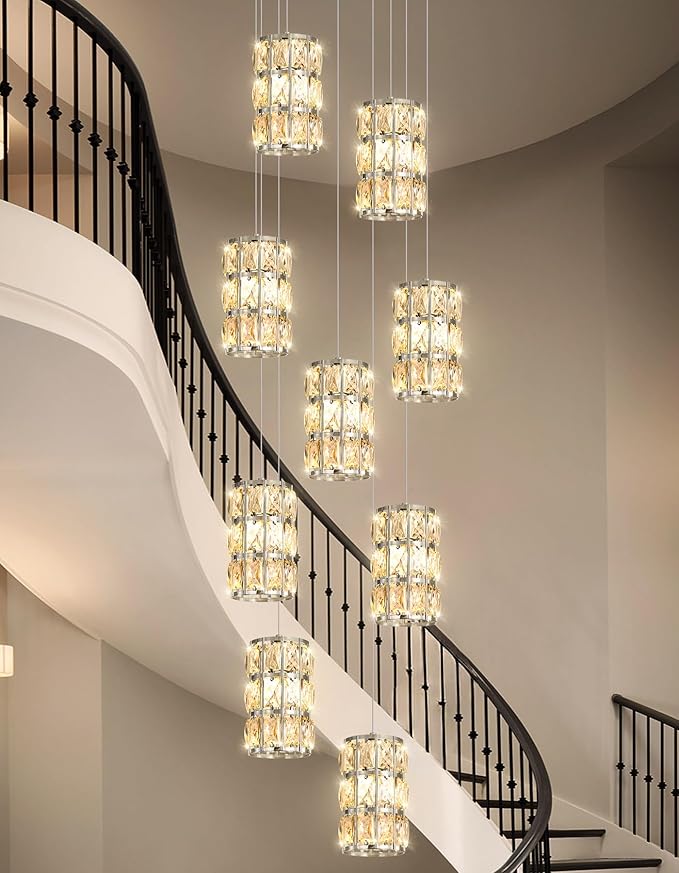 9-Lights Modern Crystal LED Dimmable for Staircase Foyer High Ceiling Chandeliers Hallway Nickel