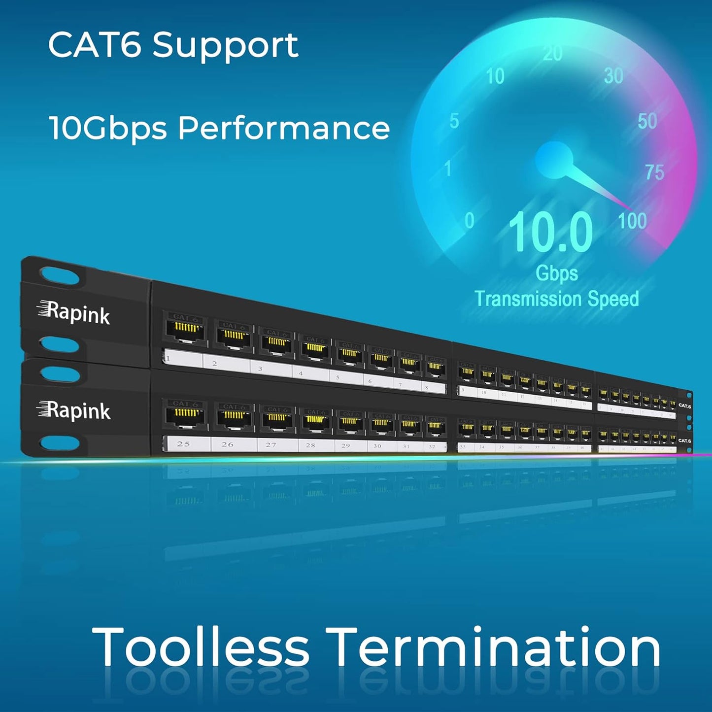 Rapink 48 Port Cat6 Patch Panel with Inline Keystone 10G Support, Pass-Thru Coupler UTP 19-Inch, Removable Back Bar, 1U Network for Cat6, Cat5e, Cat5 Cabling