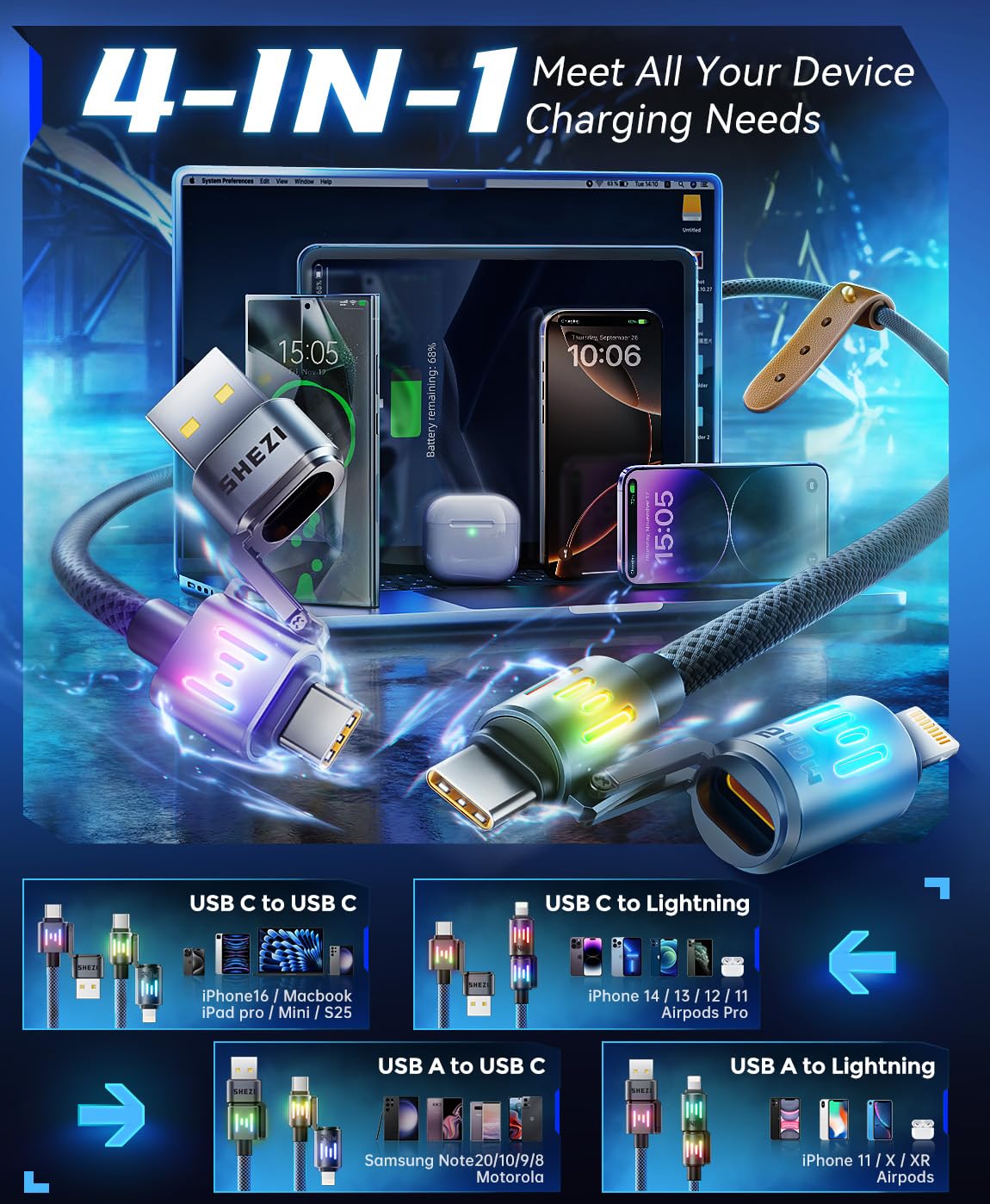 SHEZI 4-in-1 USB C Cable [240W Fast Charging & Data Transfer] Nylon iPhone Charger Cord with Light, Multi Charge Cables Combo with L/Type C/USB A Port for iPhone/iPad/Samsung, 5FT