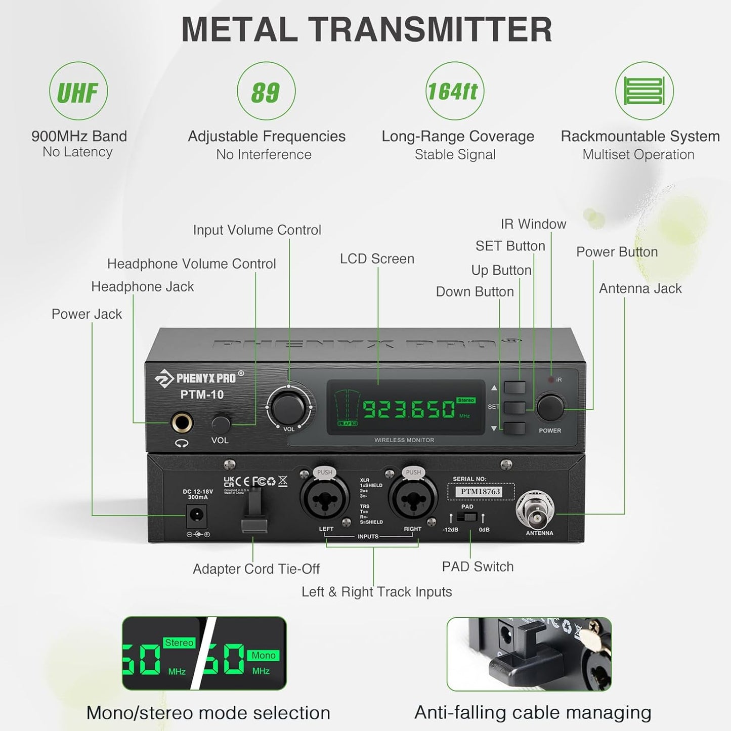 Phenyx Pro Wireless in-Ear Monitor System, Stereo IEM System with Rack Mount Kit, 89 Frequencies, 900MHz UHF Band, 164ft Range, Suitable for Stage & Studio (4 Bodypacks with Transmitter)
