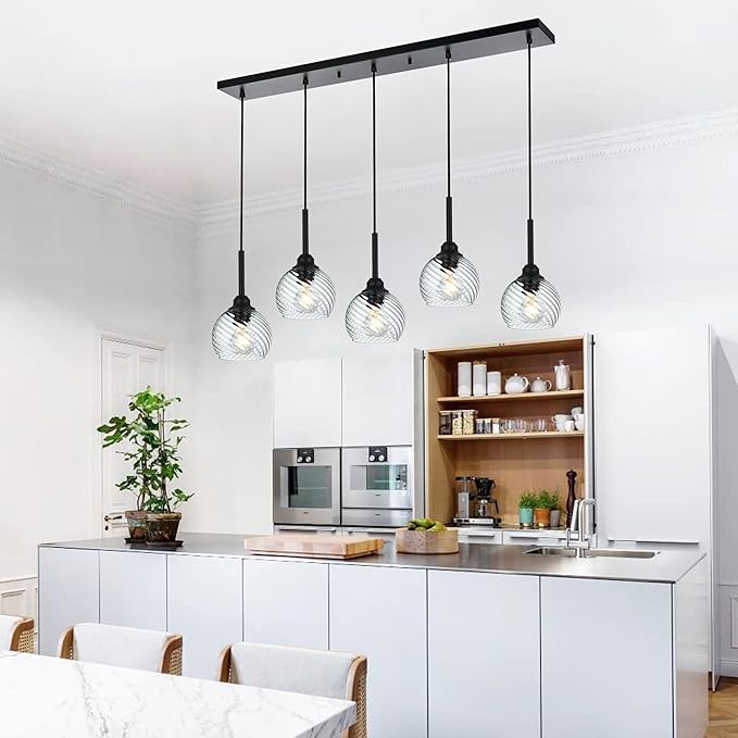 5 Light Kitchen Pendant Lighting Over Island with Striped Swirl Globe Glass, Black Blown Glass Pendant Light Hanging Ceiling Lamp Contemporary Chandelier for Dining Room Bar Living Room