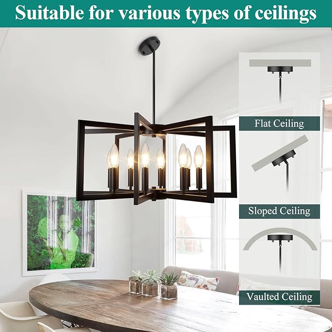 8-Light Black Chandelier, Farmhouse Dining Room Light Fixture, Modern Chandelier, Geometric Industrial Metal Hang Lighting Fixture for Foyer Entryway Kitchen Over Table Hallway Living Room