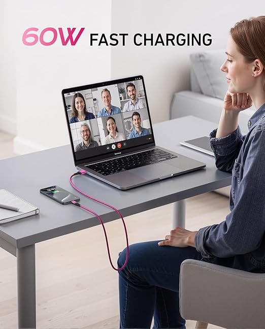 USB to USB C Cable 60W Fast Charging [2 Pack 6FT], USB A to USB C Cable for CarPlay, Durable Braided USB Type C iPhone Charger USBC Cord for iPhone 17/16/15/Pro Max, Samsung Galaxy S23 and More-Rose