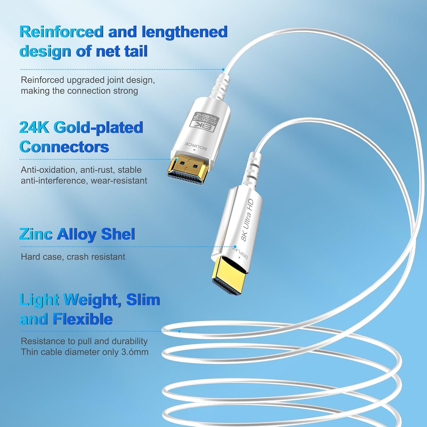 8K Fiber Optic HDMI Cable 65 FT, 8K@60Hz 4K@240Hz, Thin Extra Long HDMI Cable 48Gbps Ultra High Speed, Dynamic HDR, eARC, HDCP 2.2&2.3, 3D, Compatible for PS4/5/Xbox/TV/Laptop/Monitor