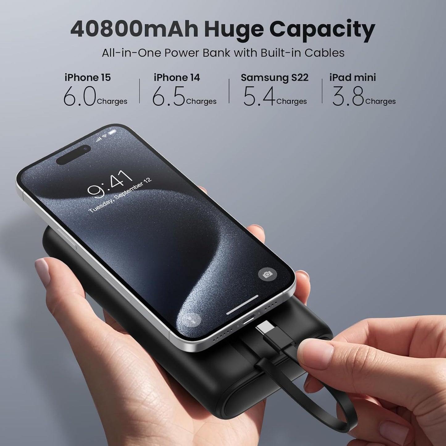 Upgraded Portable Charger 40800mAh Power Bank - Portable Battery with 2 Built in Cables,PD 25W USB C Fast Charging Battery Pack Compatible with iPhone 16 15 14 13 Android Phone etc-Black