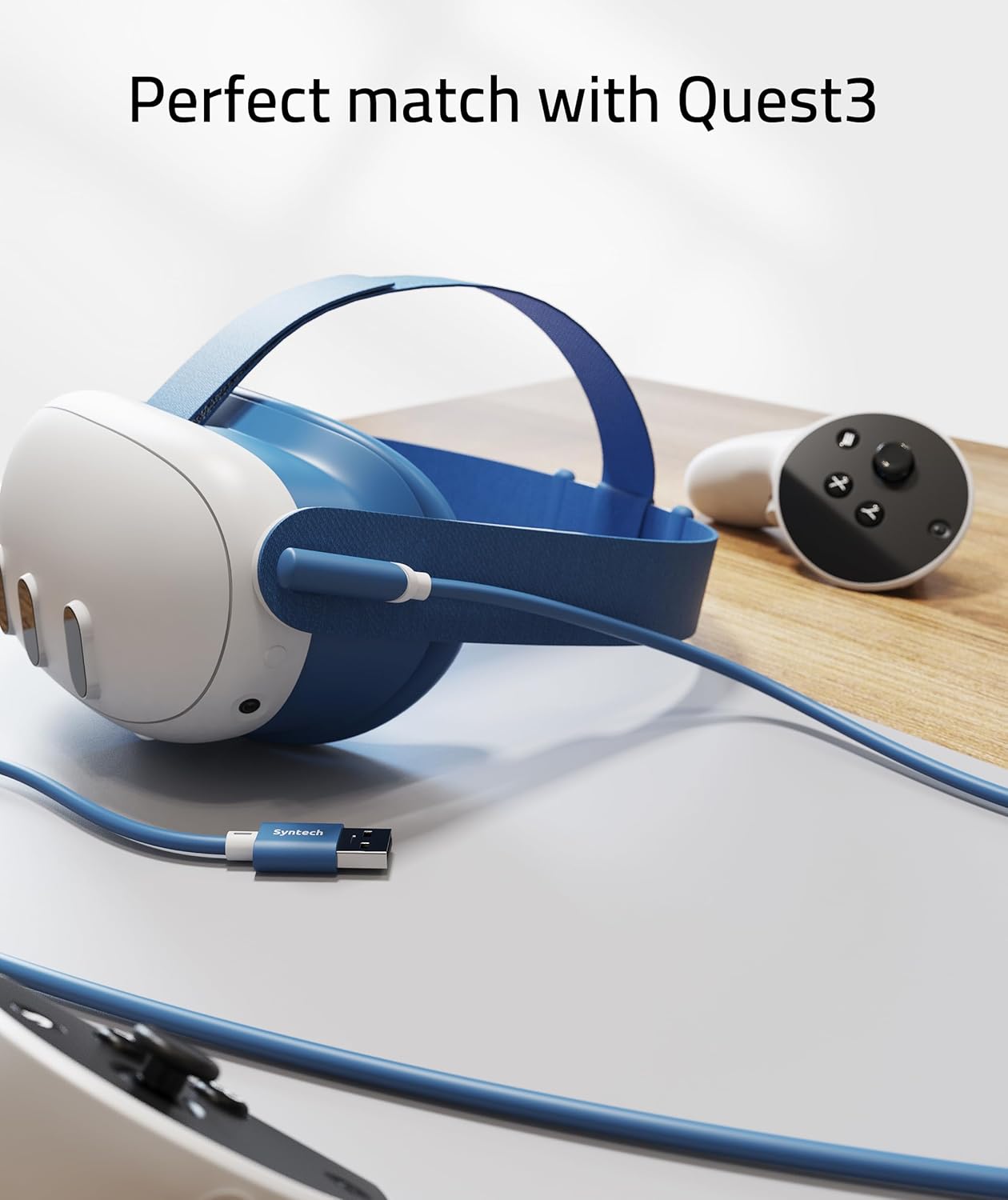 Syntech Link Cable 16 FT Compatible with Meta Quest 3S/Oculus Quest 3, Quest2/Pro/Pico4 Accessories and PC/SteamVR, High Speed PC Data Transfer, USB 3.0 to USB C Cable for VR Headset, Elemental Blue