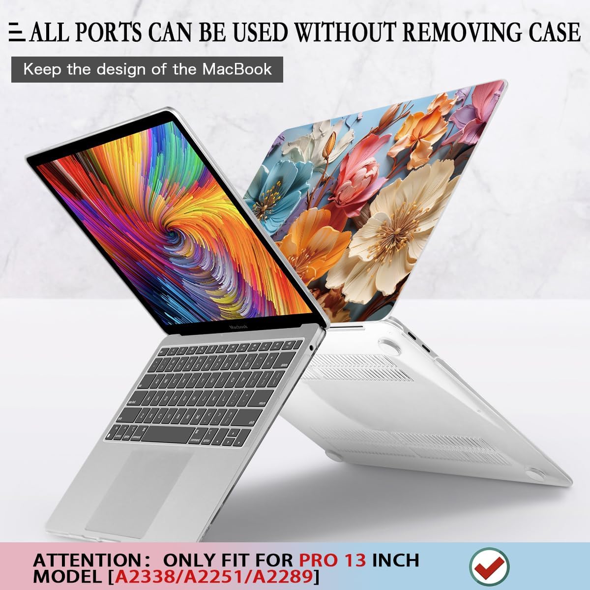 CISSOOK Compatible with MacBook Pro 13 Inch Case 2025 2024 2023 2021 2020 Release M2 M1 A2338 A2289 A2251, Hard Shell Case & Keyboard Cover for MacBook Pro 13 with Touch Bar, Silk Flowers