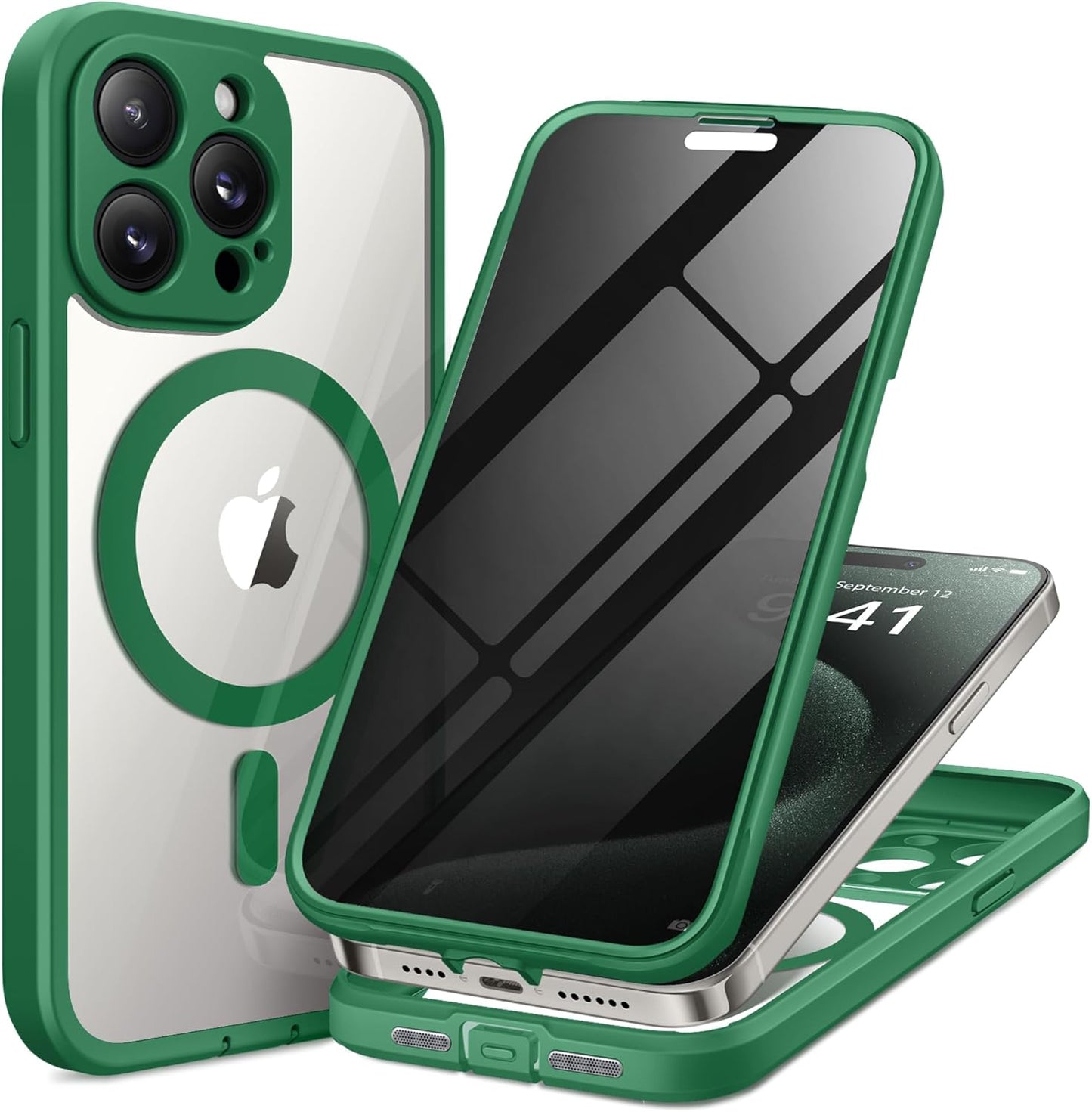 Magnetic for iPhone 15 Pro Max Case, Compatible with MagSafe, Built-in Privacy Screen Protector and Camera Protection, Anti Spy Full Body Dustproof Shockproof Hard Phone Case 6.7", Green