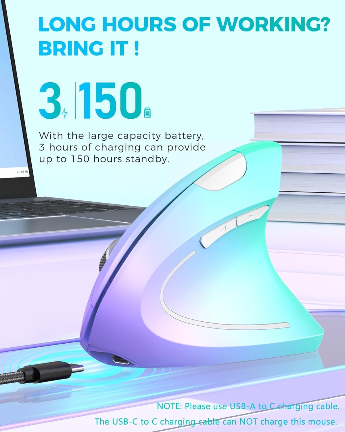 Lekvey Ergonomic Mouse, Vertical Wireless Mouse, Rechargeable 2.4G Optical Carpal Tunnel Mice: 800/1200 / 1600 DPI, 6 Buttons, for Laptop, PC, Computer, Desktop, Notebook etc, Green Purple