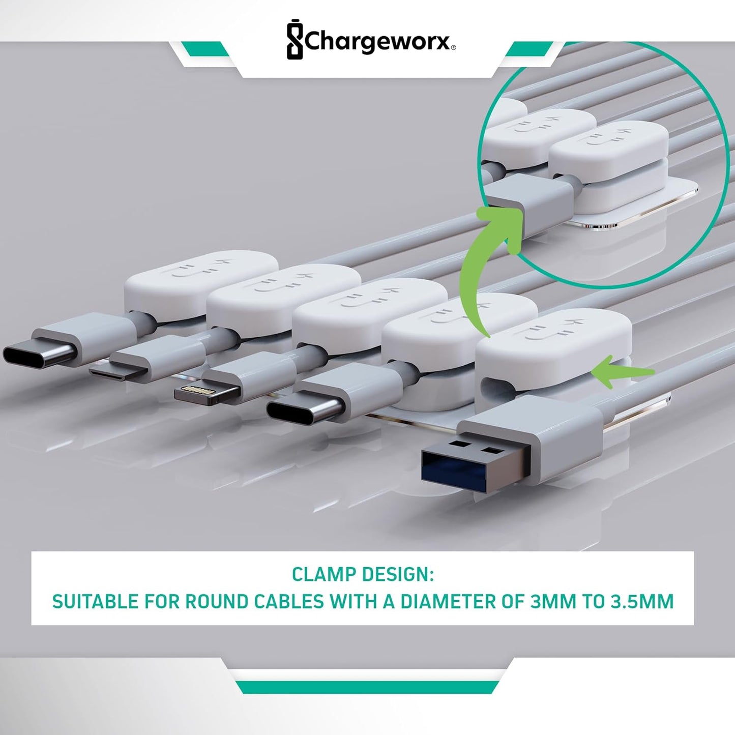 Chargeworx Magnetic Cable Holder for Cable Management – Multipurpose Desktop Cable Management System, 20-PK, Great for USB-C, Lightning, Micro-USB & Other Cables – Sticks to Any Surface (20-PK White)
