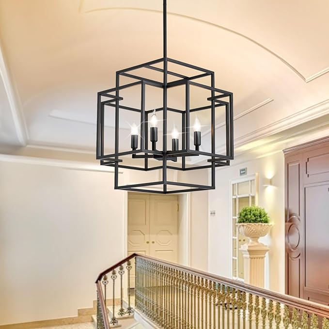 WJShome 16.5" Black Chandelier, 4-Light Farmhouse Foyer Lighting Fixtures, Modern Industrial Ceiling Lantern Pendant Light Large Chandeliers for High Ceilings, for Dining Room, Entryway, Staircase