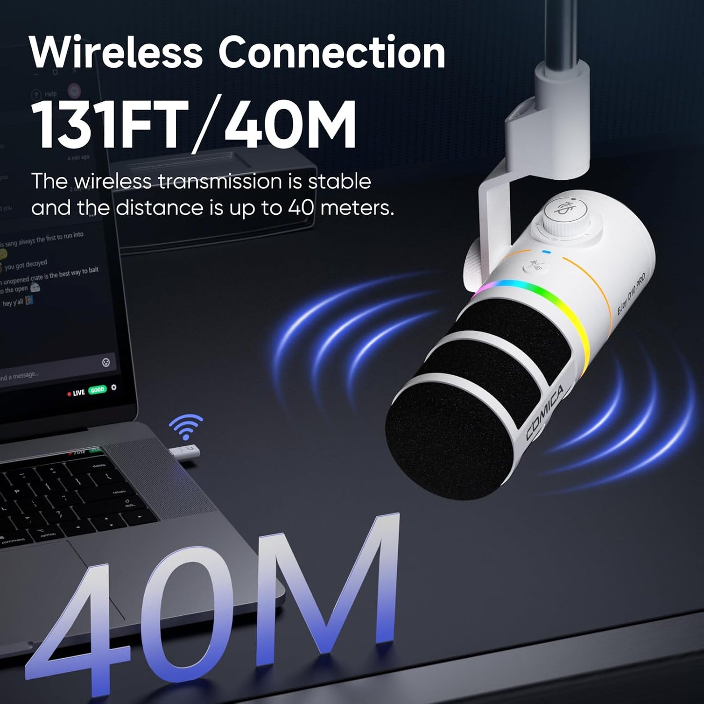 EJoy D10 PRO(A) USB Wireless Gaming Microphone – Boom Arm Mic with Wired/Wireless Modes, XLR/USB-C, Real-Time Monitoring, 45H Battery, RGB Dynamic Mic for Gaming, Streaming, Podcast, Recording (White)