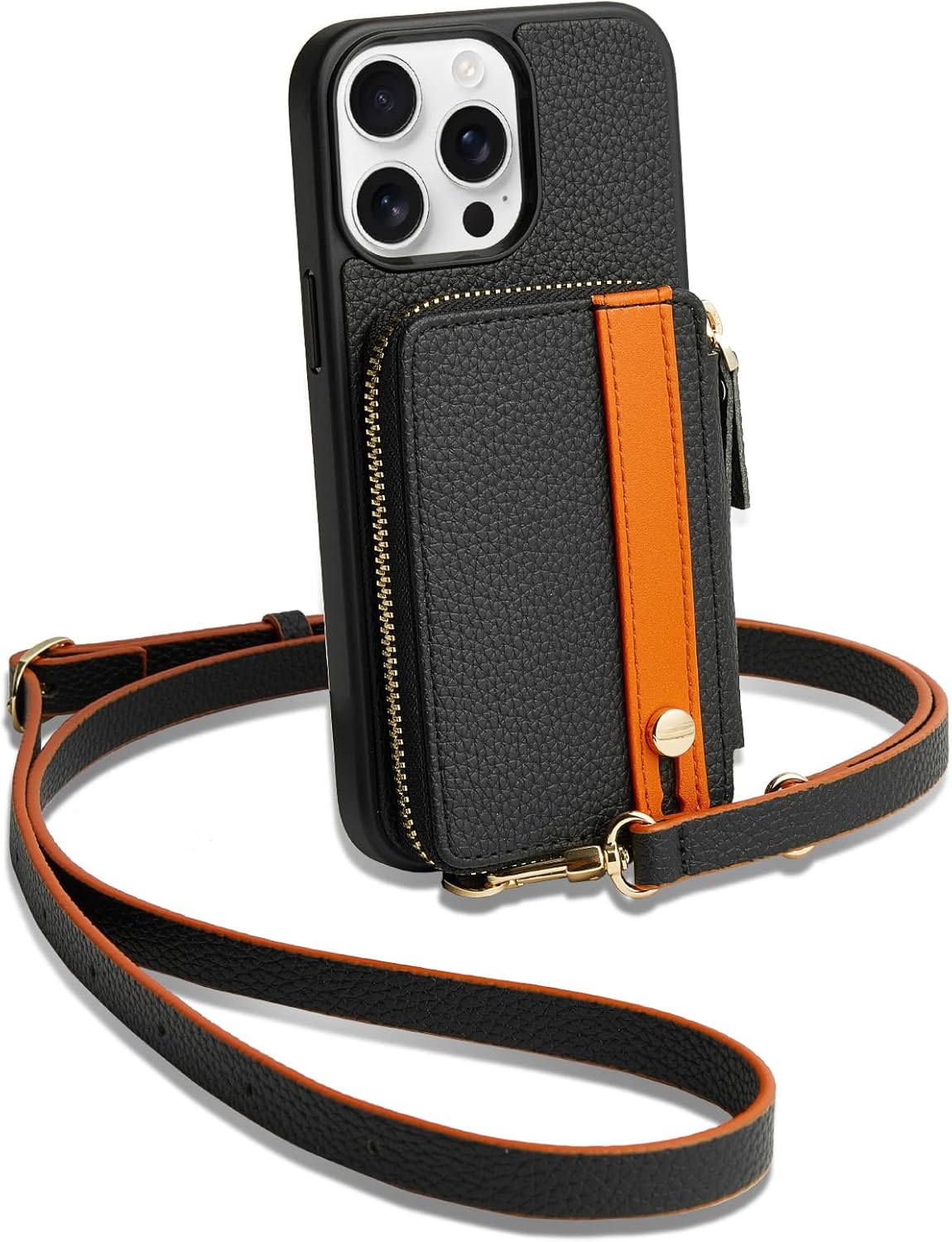 LAMEEKU for iPhone 15 Pro Wallet Case with Card Holder, Zipper Leather Crossbody Case with Kickstand Wrist Strap Lanyard for Women, Protective Cover with Phone Grip Holder Stand 5G 6.1 inch Black