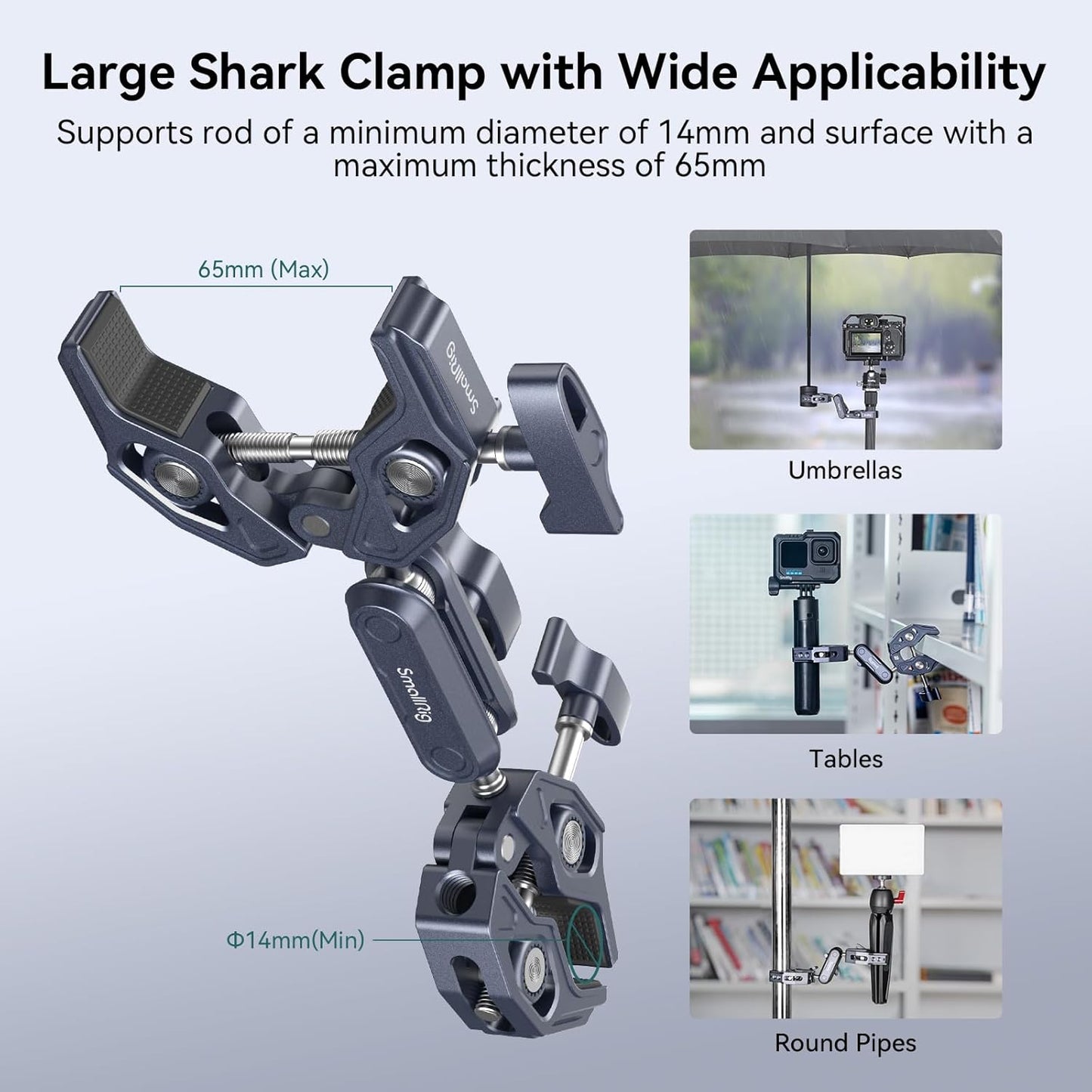 SMALLRIG Double Clamp Mount, Umbrella Clamp, Super Clamp Arm, for Chair, Pole, Tripod, C Stand, Handlebar, All Metal Max Load Capacity 3.5kg