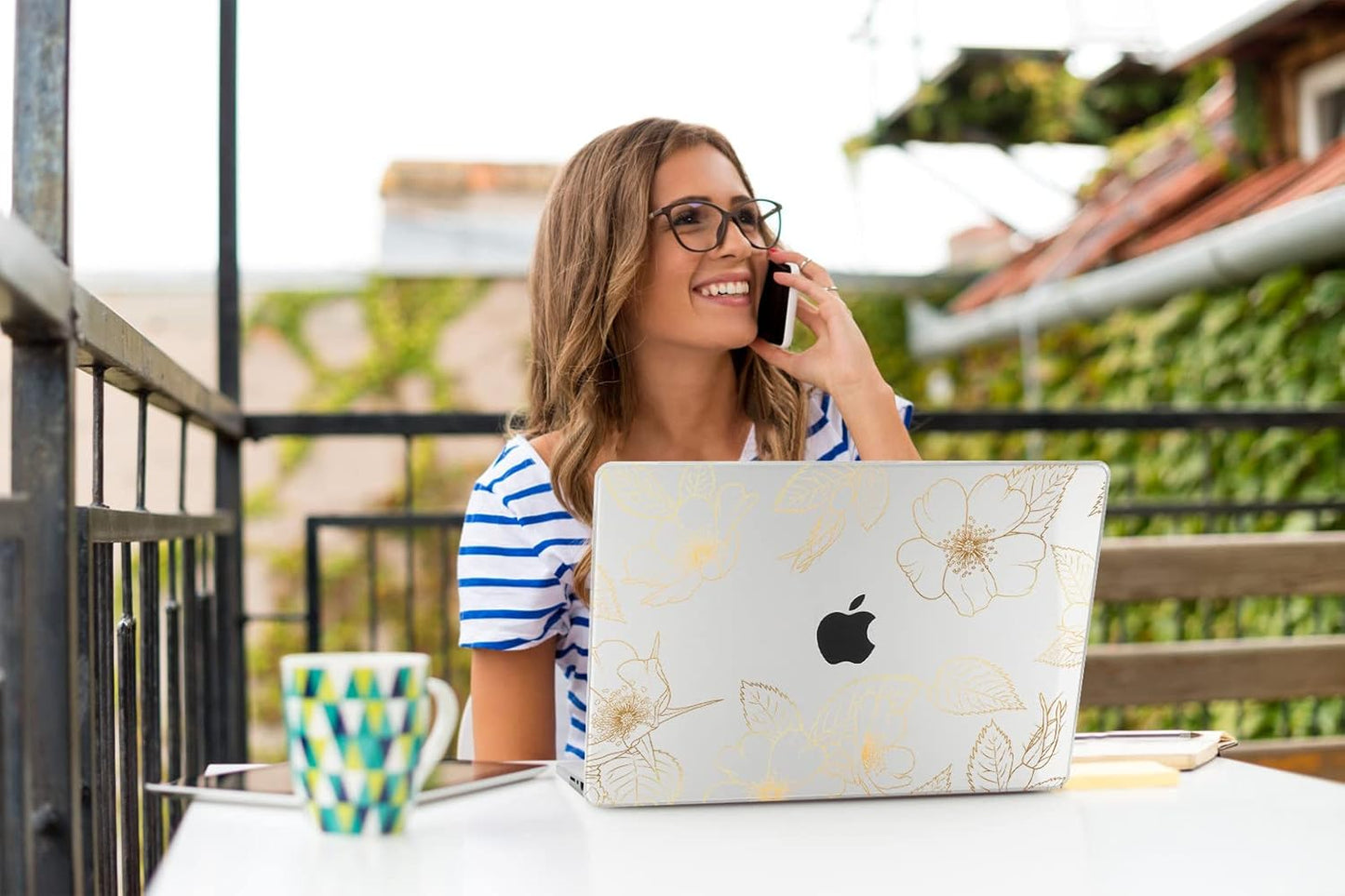 Teryeefi Compatible with 2018 2019 2020 MacBook Air 13 inch Case M1 Chip A2337 A2179 A1932 Retina Display Touch ID, Plastic Hard Shell & Keyboard Cover & Screen Protector,Gold Floral Leaf