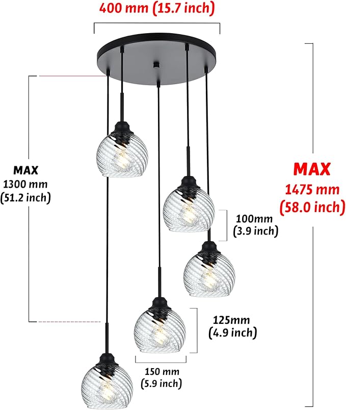 5 Light Cluster Pendant Light with Striped Swirl Globe Glass Black Pendant Lighting for Kitchen Island, Modern Dining Room Light Fixtures Over Table Hanging Ceiling Light, E26 Base