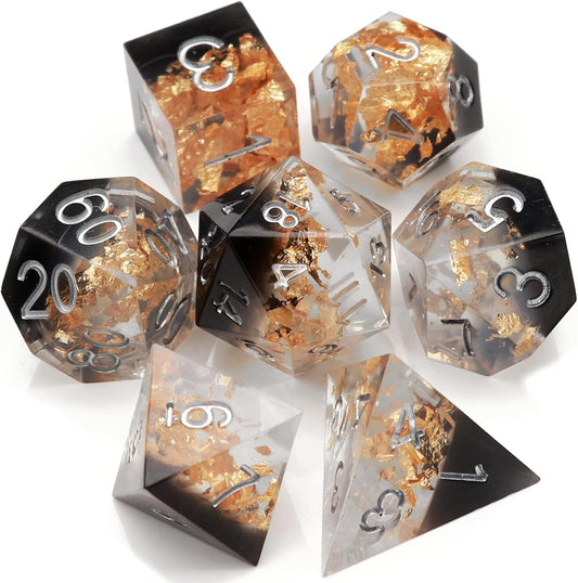 Haxtec DND Dice Set Black Sharp Edge Resin Dice Gold Flakes with Dice Case Black White Gold D&D Dice for RPG Role Playing Games Compatible with Dungeons and Dragons Gift War Series