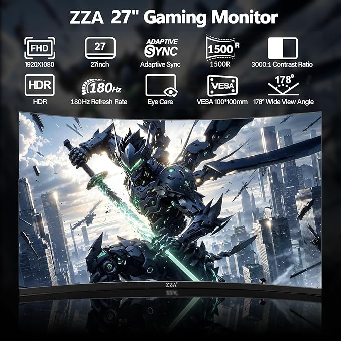 ZZA 27 Inch Curved Computer Monitor,200Hz|180Hz|144Hz Pc Monitors FHD 1080P 1800R VA Screen, Monitor 27 inch 100% sRGB, AMD FreeSync Eye Care Ultra-Thin Bezels HDMI & DP Port