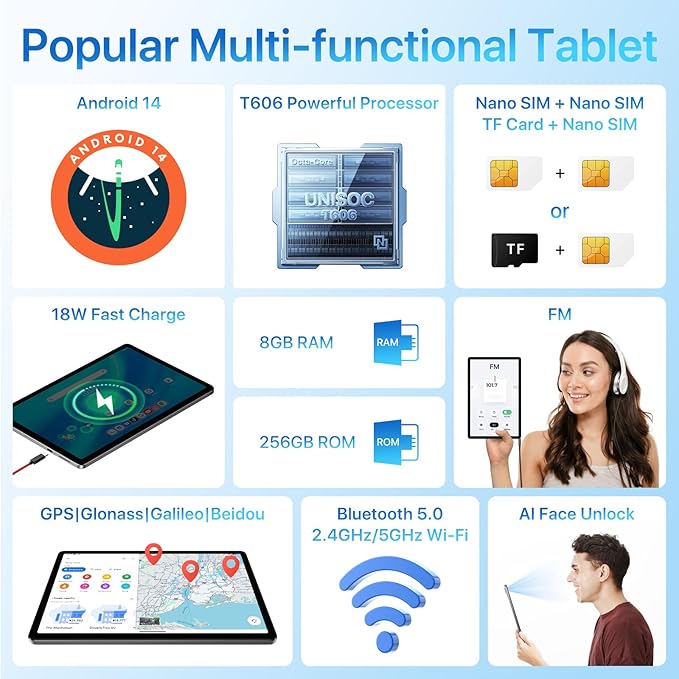 UMIDIGI G9 Tab 11 Inch,Android 14 Tablet Dual SIM Card Slots 8GB+256GB+1TB Expand,Android Tablet with Stylus&Case 7200mAh and 13+8MP Cameras,Cellular with Face Unlock,GPS,FM(Gray)