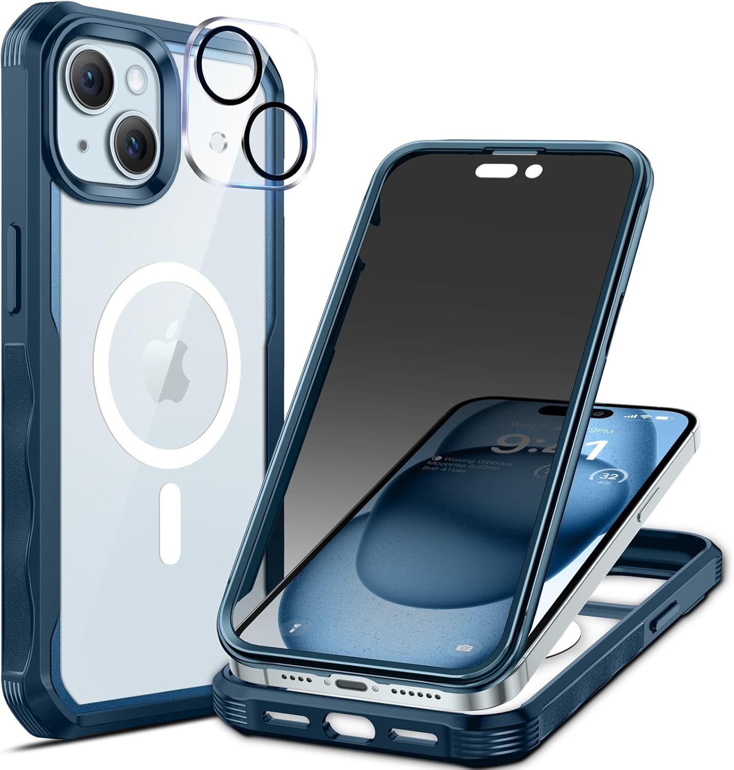 seacosmo for iPhone 15 Plus Case, Full Body Bumper with Built-in 9H Tempered Glass Privacy Screen Protector and Camera Lens Protector, Compatible with MagSafe, Shockproof Phone Cover, 6.7", Blue
