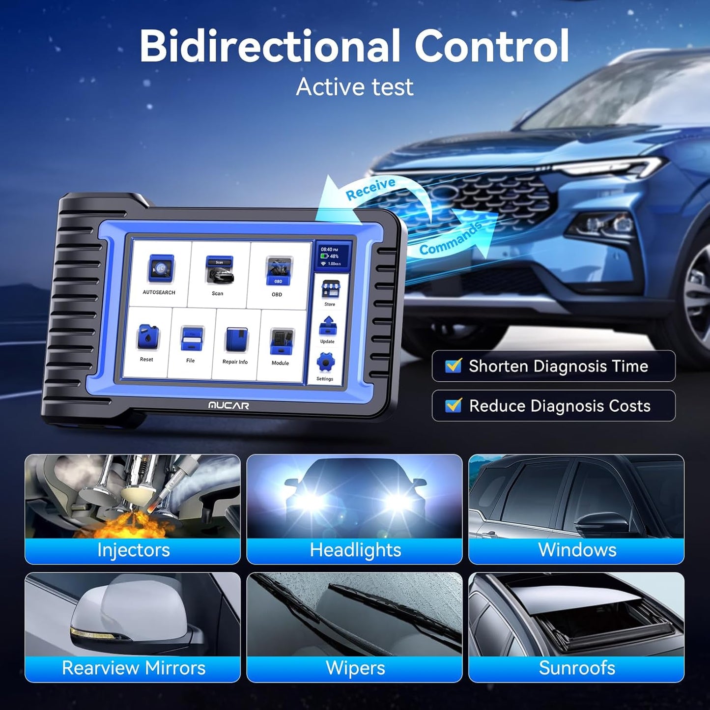 MUCAR Bidirectional Scan Tool, VO7Y All Systems & 28+ Resets OBD2 Scanner Diagnostic Tool with ECU Coding,Wireless Scanner for Car with Active Test