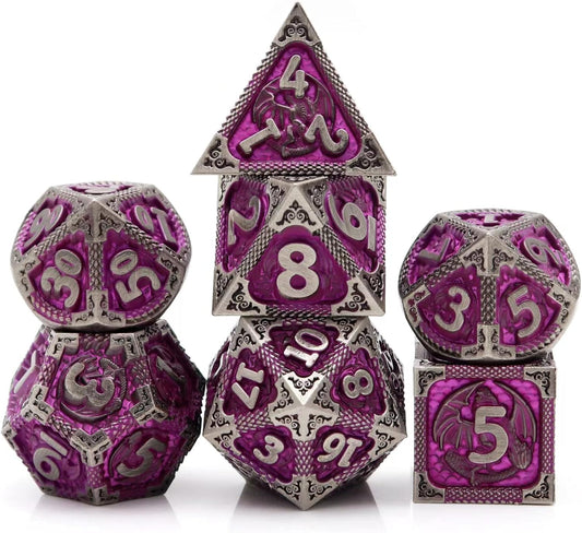 PJOY Metal DND Dice Set with Dice Case Antique Silver Purple Dragon D&D Polyhedral Dice for RPG Role Playing Games Compatible with Dungeons and Dragons TTRPG Gifts
