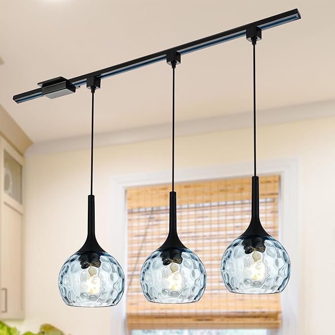 VINLUZ 3 Pack Pendant Light with Blue Round Ribbed Glass Shade, H-Type Track Lighting Fixture Farmhouse Chandelier for Dining Room in Black Finish