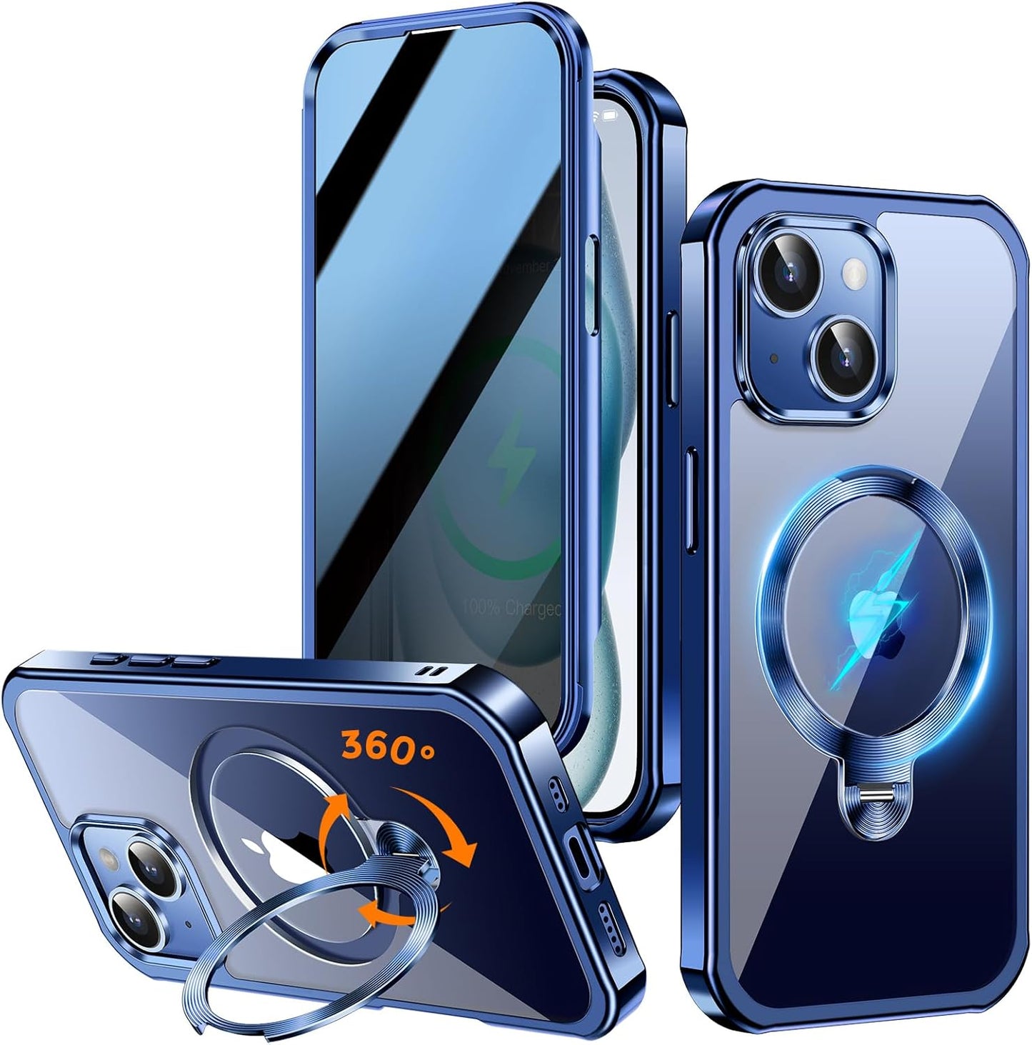 [360° Rotatable CD Stand & Built-in Privacy Screen Magnetic Case for iPhone 15 [Compatible with MagSafe & Full Signal] Mil-Grade Shockproof Full Body Anti-Spy Cover for 15-Blue