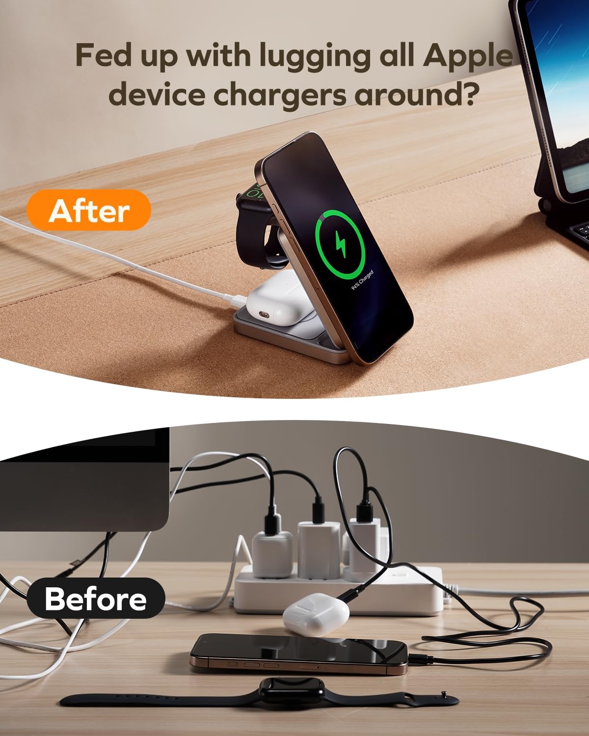 MOMAX 3-in-1 iPhone 16 Charging Station, MagSafe-Compatible Wireless Charger Stand, Qi2 Certified 25W Foldable Magnetic Charger for iPhone 15, Apple Watch, Airpods Dock Base (Not a Power Bank)