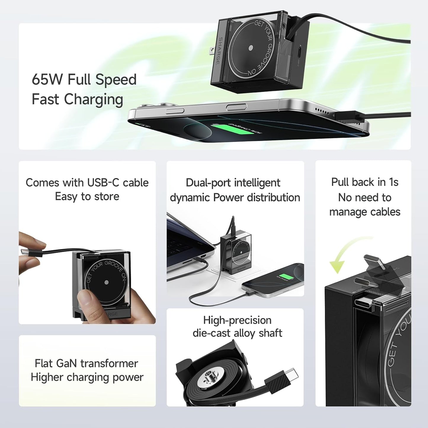 Retractable 65W USB C Charger, GaN Power Wall Charger with Retractable Cable, 2 Devices PD Fast Charging for MacBook Pro/Air, iPhone 16,Pixel Book, iPad Pro Black