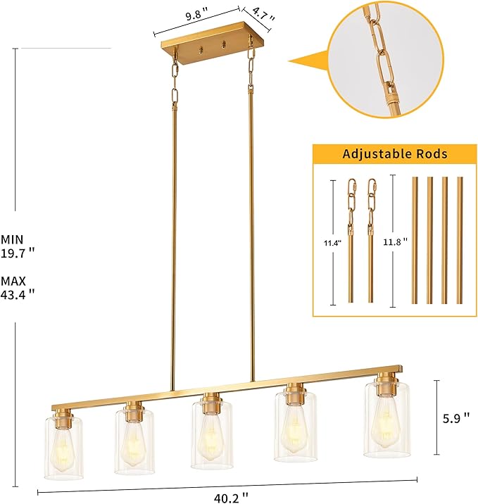 Island Light for Kitchen, Brushed Gold Dining Room Light Fixture Over Table, 5-Light Linear Chandelier Pendant Lighting for Dining Table Kitchen Island Living Room
