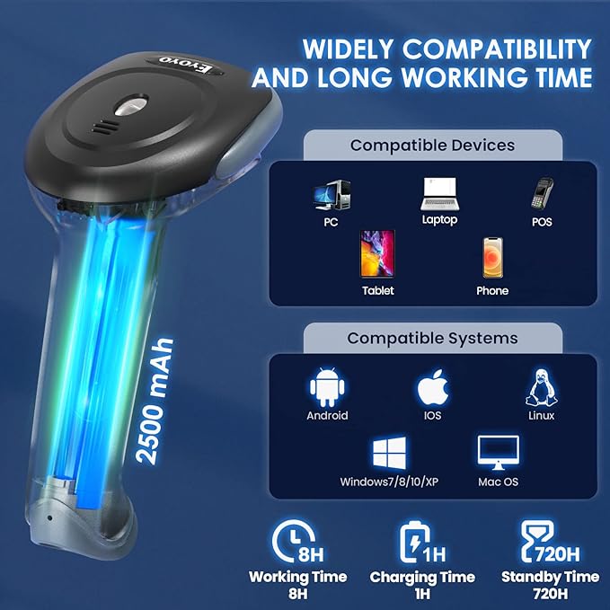 Eyoyo 2D 1D Wireless Barcode Scanner with Stand, 3-in-1 Barcode Reader 2.4G Wireless & Bluetooth & Wired USB Connection, Handheld QR Scanner Compatible with iPhone, Mac, Android, Store, Warehouse...