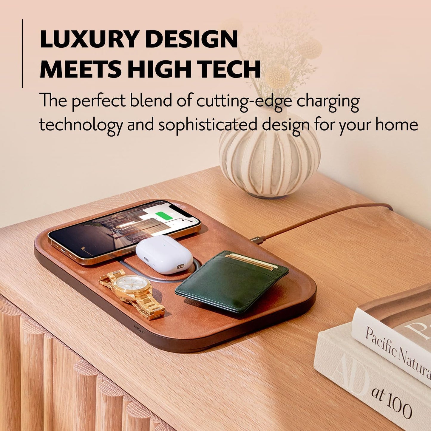 COURANT MAG:3 Classics Charger and Tray - Italian Leather, Multi-Device Charger Compatible with MagSafe iPhones 16, 15, 14, 13, 12 or Wireless AirPod Cases (Saddle)