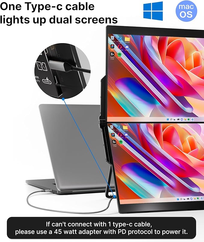 Ingnok Dual Portable Monitor,15.6inch FHD 1080P Screen with USB-C mini HDMI, Foldable Screen Design,Portable Dual Monitor Compatible with Windows/Mac, Easy Setup for Work