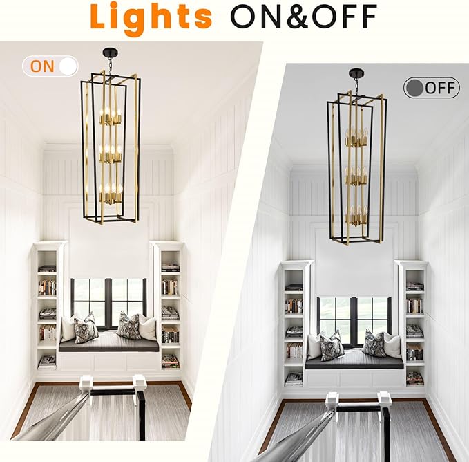 WJShome Stylish 12-Light Tiered Lantern Pendant Light Fixtures - Majestic Large Foyer Chandeliers for High Ceilings, Black & Gold Long Chandeliers Perfect for Your Farmhouse Entryway!